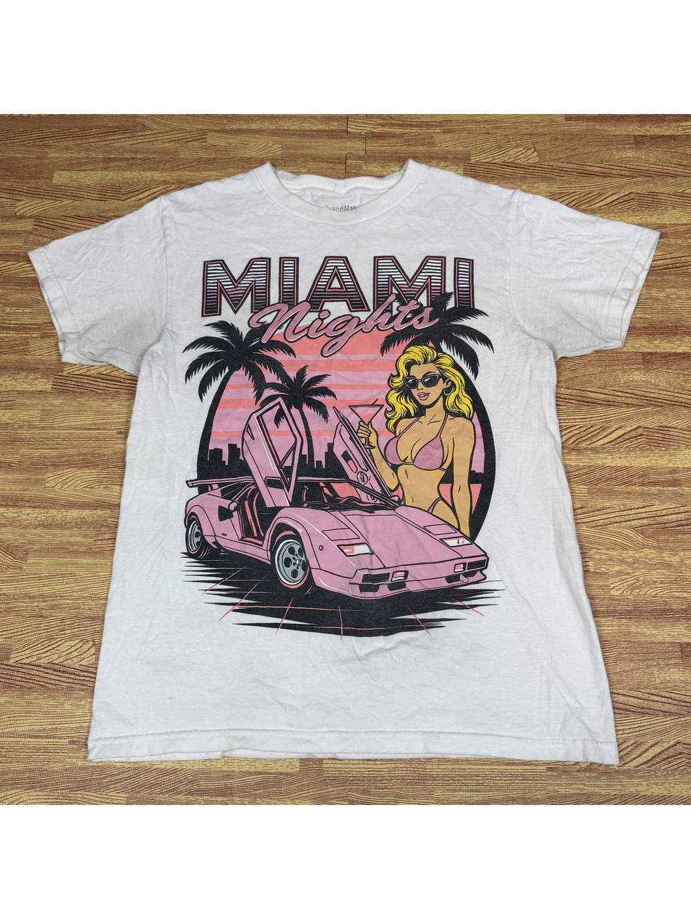 Miami Nights Pink Exotic Car Graphic T-Shirt White Unisex S Retro 80s Style
